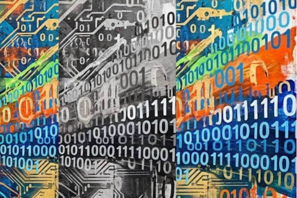 Abstract binary and circuit artwork representing technology implementation